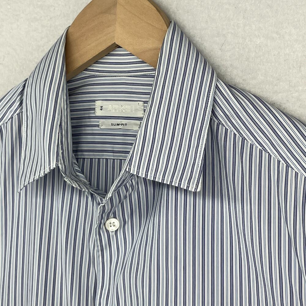 ARKET Shirt Mens 44 Striped Dress Slim Fit Button Up Cotton Fine Poplin Blue